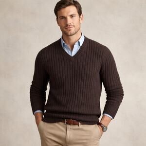 Brooks Brothers Lambswool Ribbed V-Neck Sweater – Brown – Size M